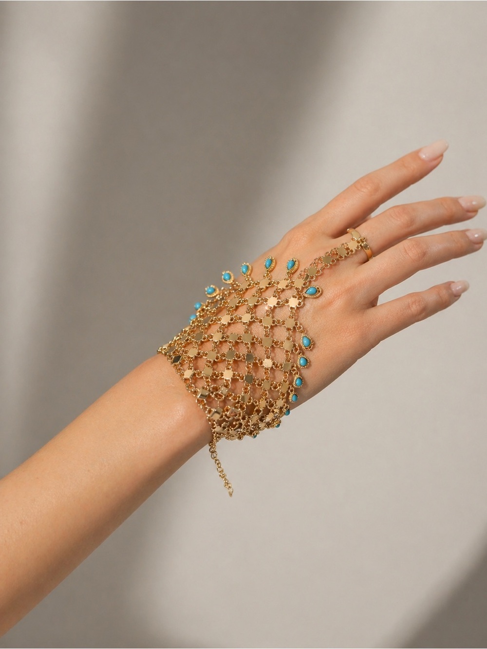Zara Gold-Tone Hand Net Bracelet with Turquoise Accents